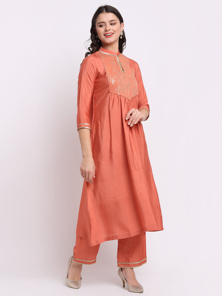 anokherang Combos Tangerine Sequin Yoke A-Line Kurti with Straight Pants