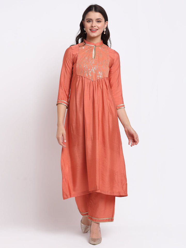 anokherang Combos Tangerine Sequin Yoke A-Line Kurti with Straight Pants