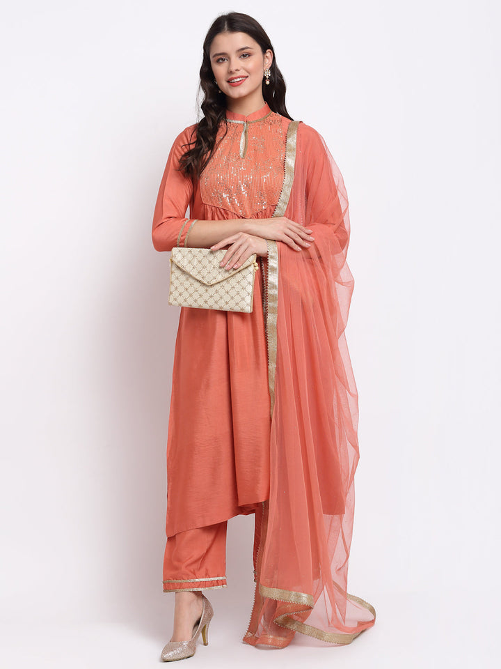 anokherang Combos Tangerine Sequin Yoke A-Line Kurti with Straight Pants and Mokaish Dupatta