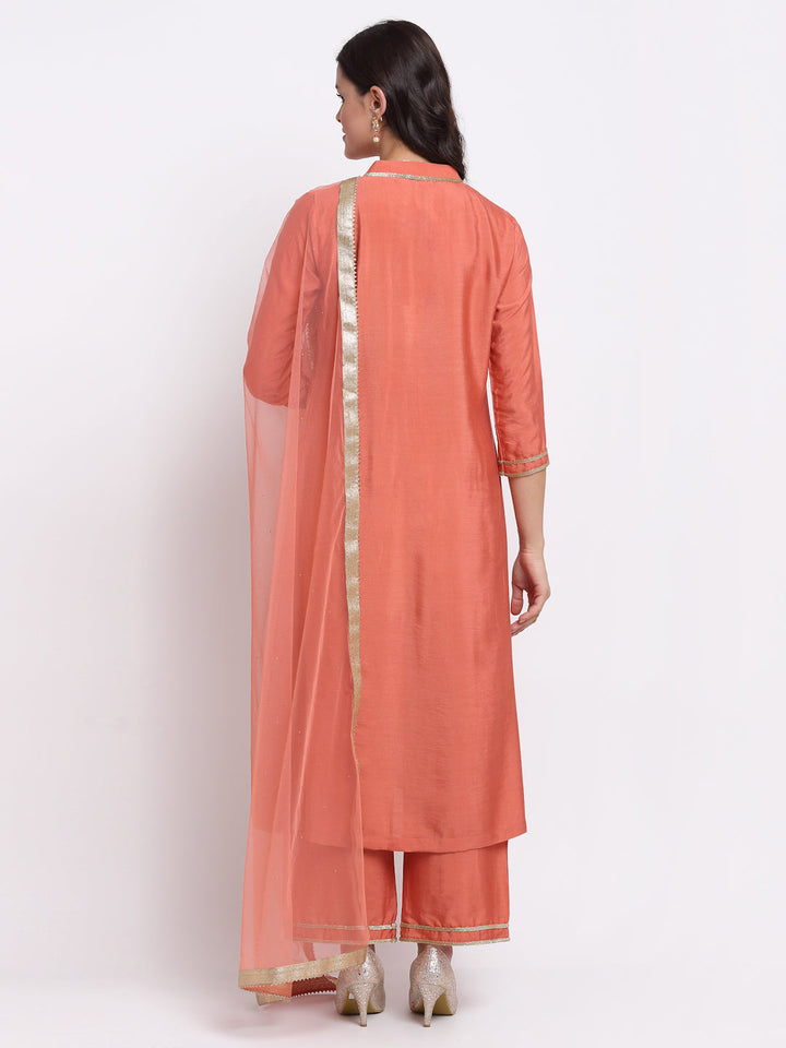 anokherang Combos Tangerine Sequin Yoke A-Line Kurti with Straight Pants and Mokaish Dupatta