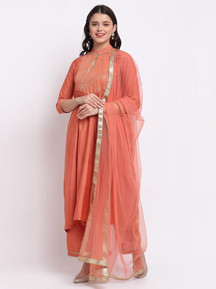 anokherang Combos Tangerine Sequin Yoke A-Line Kurti with Straight Pants and Mokaish Dupatta