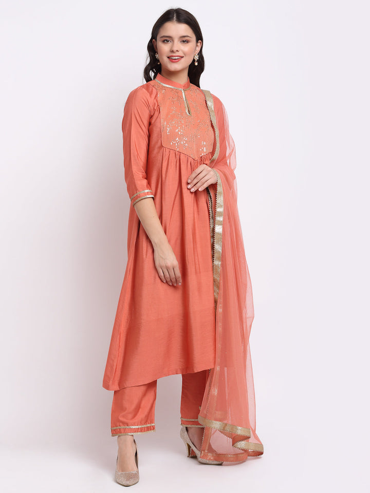 anokherang Combos Tangerine Sequin Yoke A-Line Kurti with Straight Pants and Mokaish Dupatta