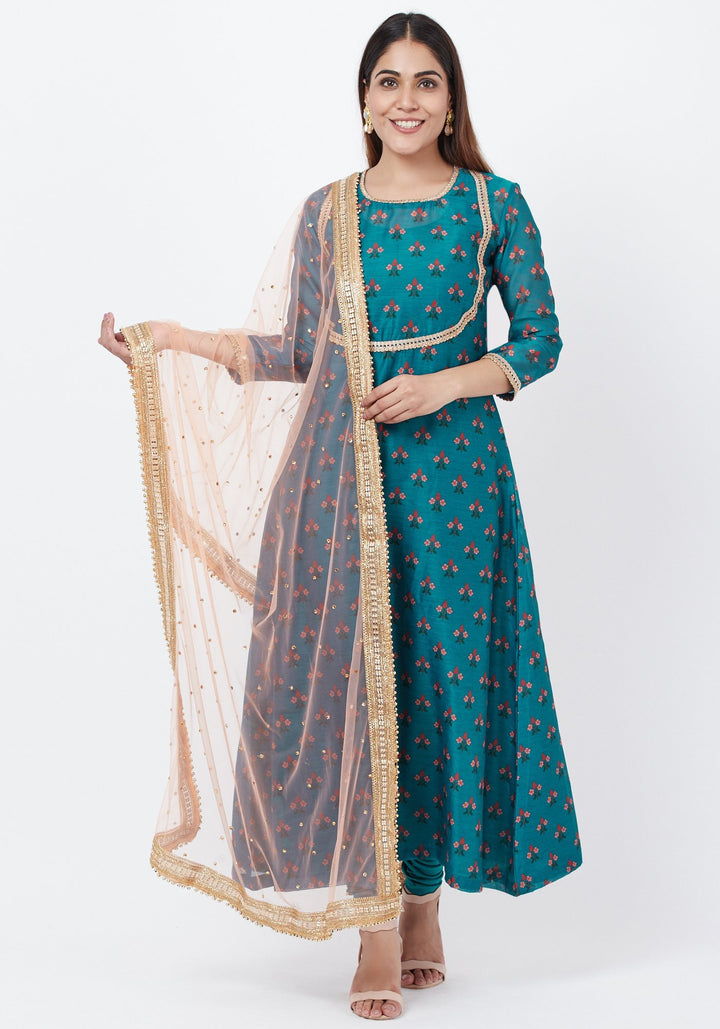 anokherang Combos Teal Blue Floral Printed Anarkali with Churidaar and Peach Kundan Dupatta
