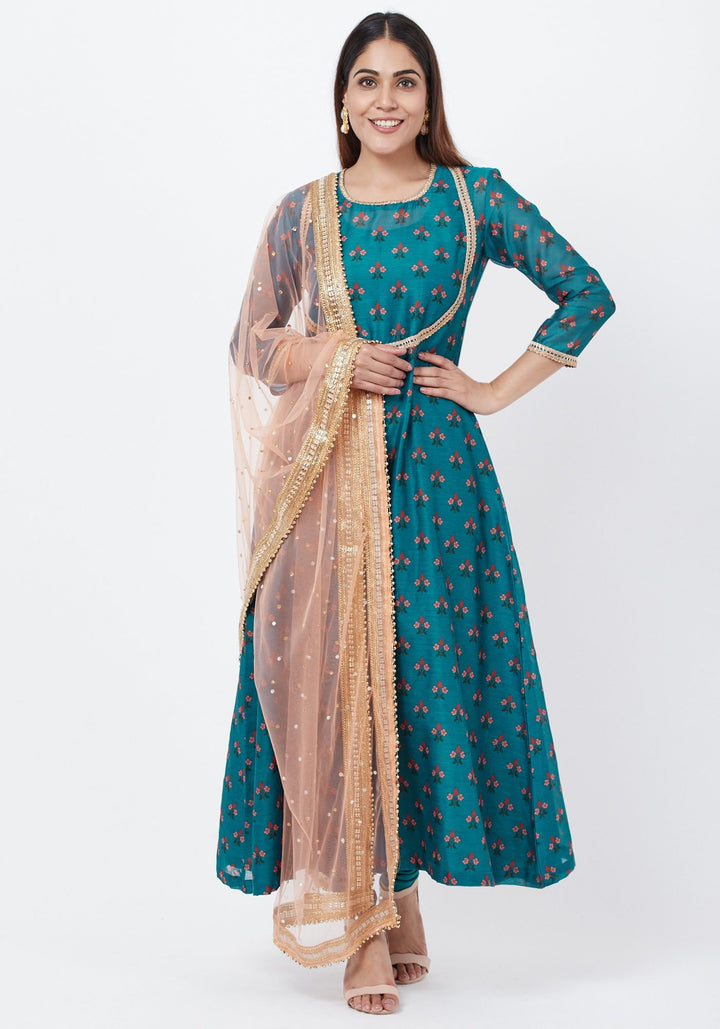 anokherang Combos Teal Blue Floral Printed Anarkali with Churidaar and Peach Kundan Dupatta