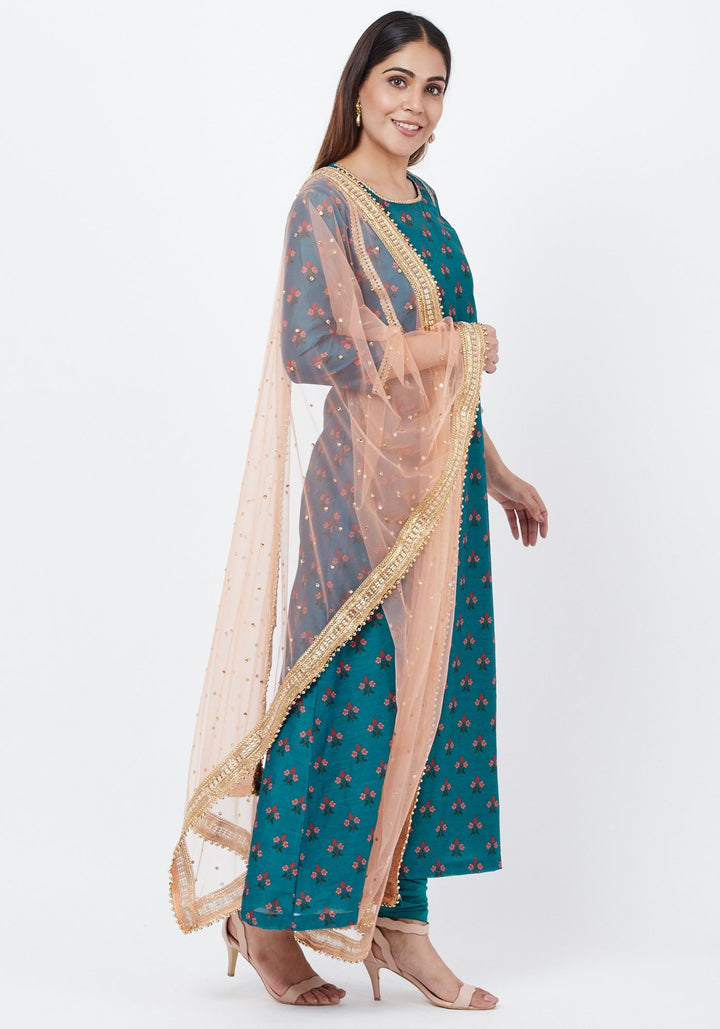 anokherang Combos Teal Blue Floral Printed Anarkali with Churidaar and Peach Kundan Dupatta