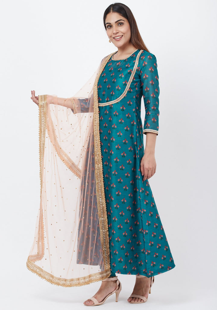 anokherang Combos Teal Blue Floral Printed Anarkali with Churidaar and Peach Kundan Dupatta