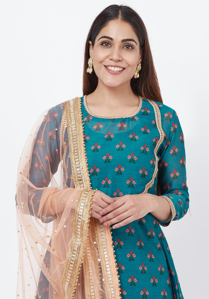 anokherang Combos Teal Blue Floral Printed Anarkali with Churidaar and Peach Kundan Dupatta