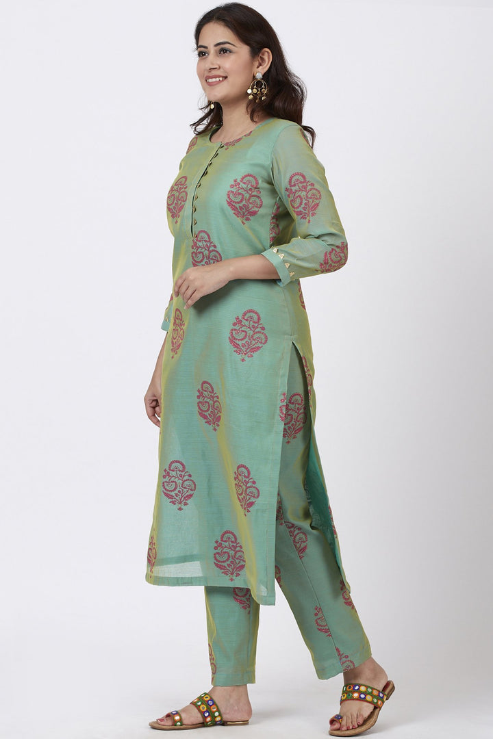 anokherang Combos Teal Green Block Printed Straight Kurti with Straight Palazzo