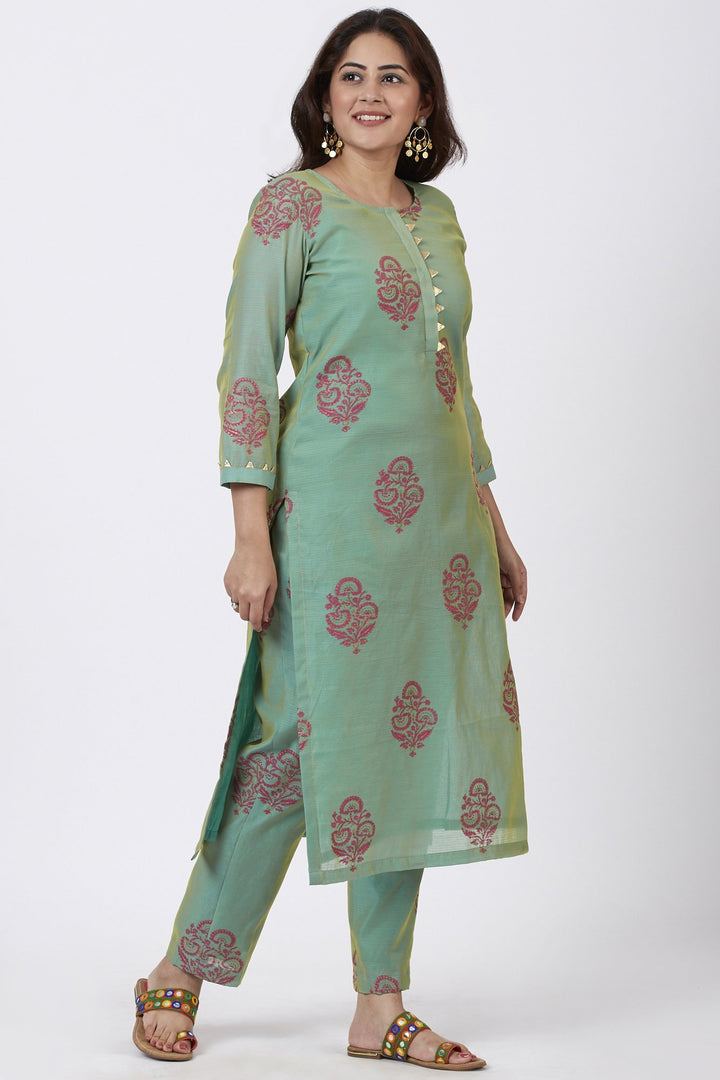 anokherang Combos Teal Green Block Printed Straight Kurti with Straight Palazzo