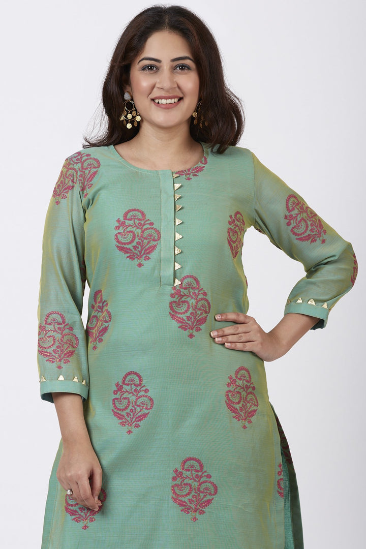 anokherang Combos Teal Green Block Printed Straight Kurti with Straight Palazzo