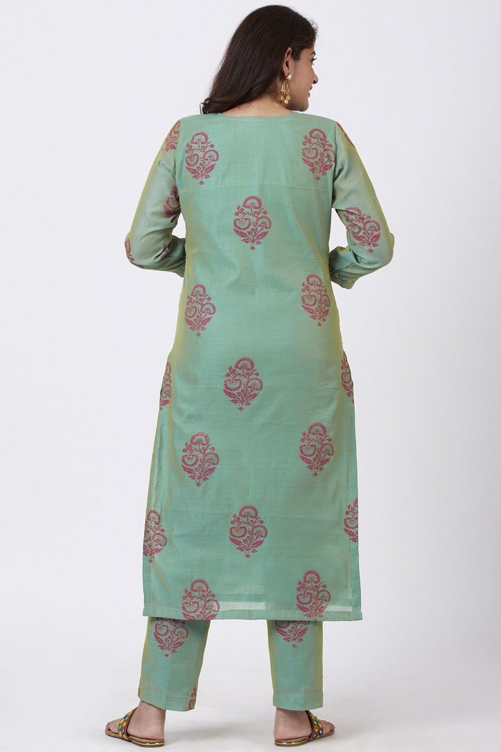 anokherang Combos Teal Green Block Printed Straight Kurti with Straight Palazzo and Gold Foil Printed Dupatta