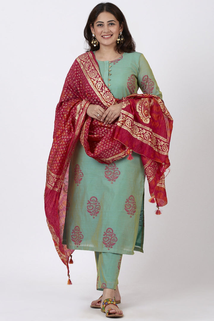 anokherang Combos Teal Green Block Printed Straight Kurti with Straight Palazzo and Gold Foil Printed Dupatta