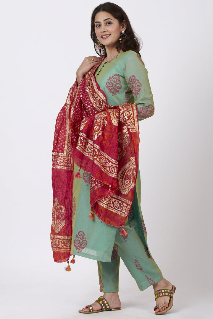 anokherang Combos Teal Green Block Printed Straight Kurti with Straight Palazzo and Gold Foil Printed Dupatta