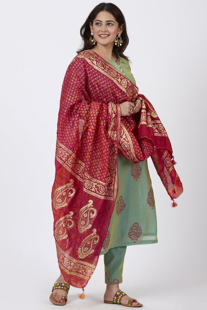 anokherang Combos Teal Green Block Printed Straight Kurti with Straight Palazzo and Gold Foil Printed Dupatta