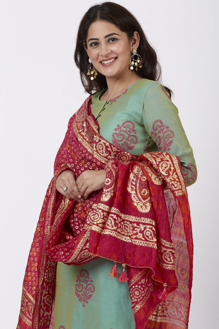 anokherang Combos Teal Green Block Printed Straight Kurti with Straight Palazzo and Gold Foil Printed Dupatta