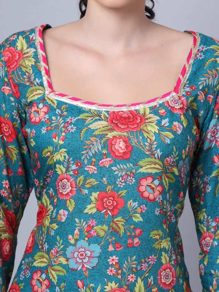 anokherang Combos Teal Green Floral Gota Kurti