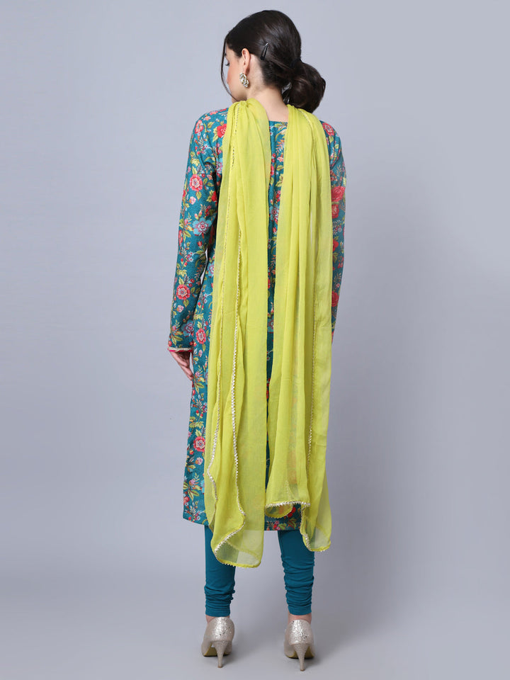 anokherang Combos Teal Green Floral Gota Kurti with Churidaar and Chiffon Dupatta