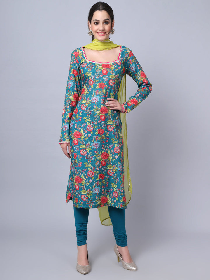 anokherang Combos Teal Green Floral Gota Kurti with Churidaar and Chiffon Dupatta
