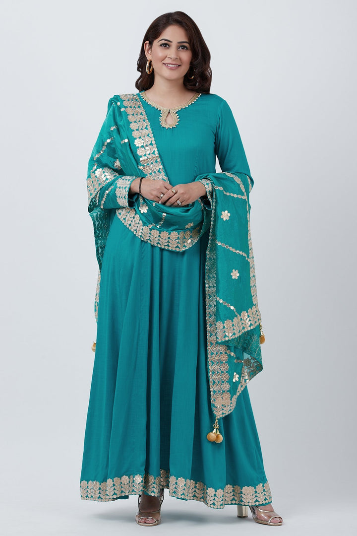 anokherang Combos Teal Green Gotta Embroidered Floor Length Kurti with Embroidered Silk Dupatta