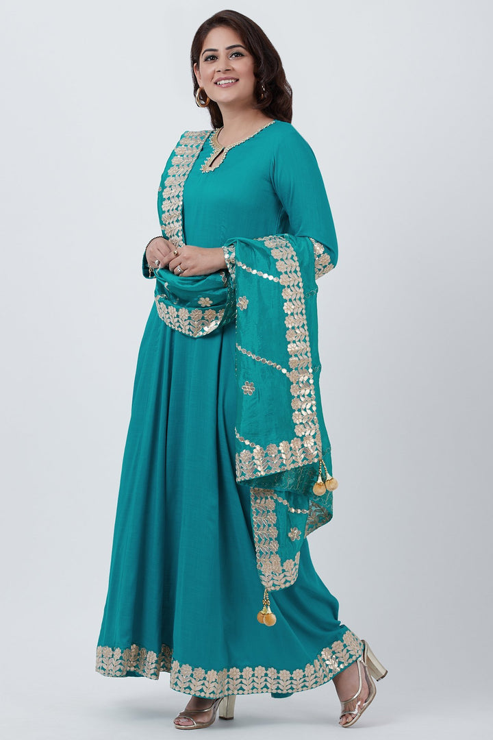 anokherang Combos Teal Green Gotta Embroidered Floor Length Kurti with Embroidered Silk Dupatta