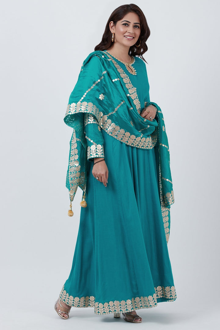 anokherang Combos Teal Green Gotta Embroidered Floor Length Kurti with Embroidered Silk Dupatta