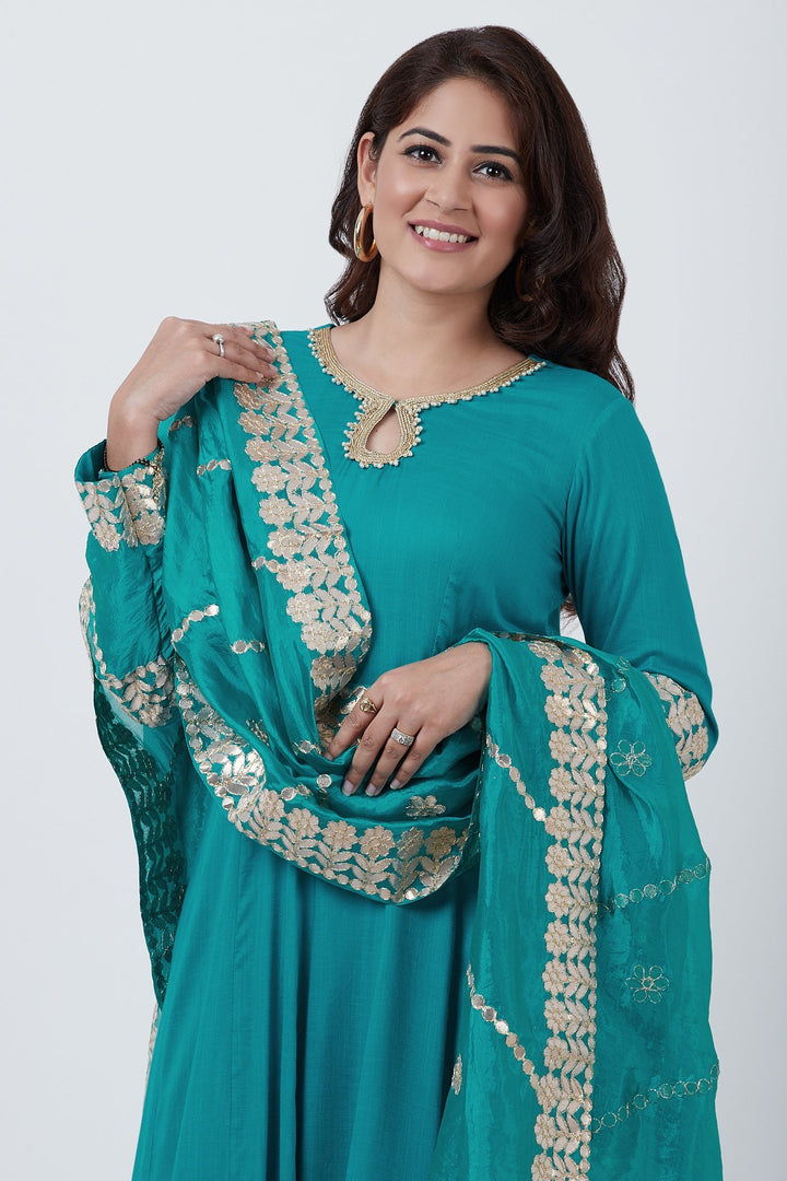 anokherang Combos Teal Green Gotta Embroidered Floor Length Kurti with Embroidered Silk Dupatta