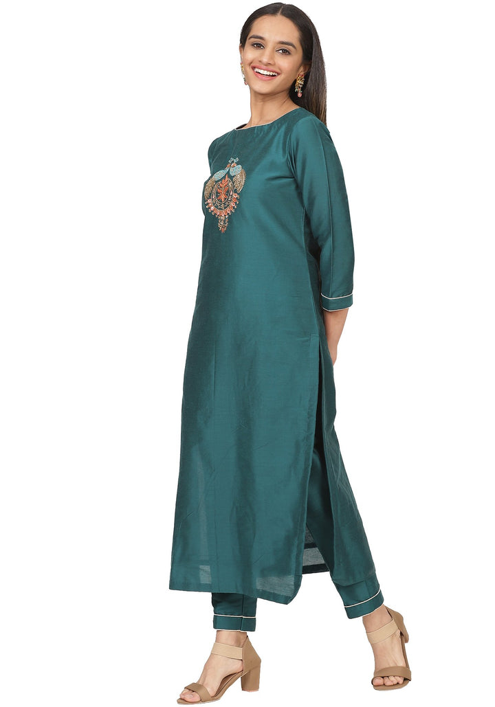 anokherang Combos Teal Green Peacock Embroidered Straight Kurti with Straight Pants