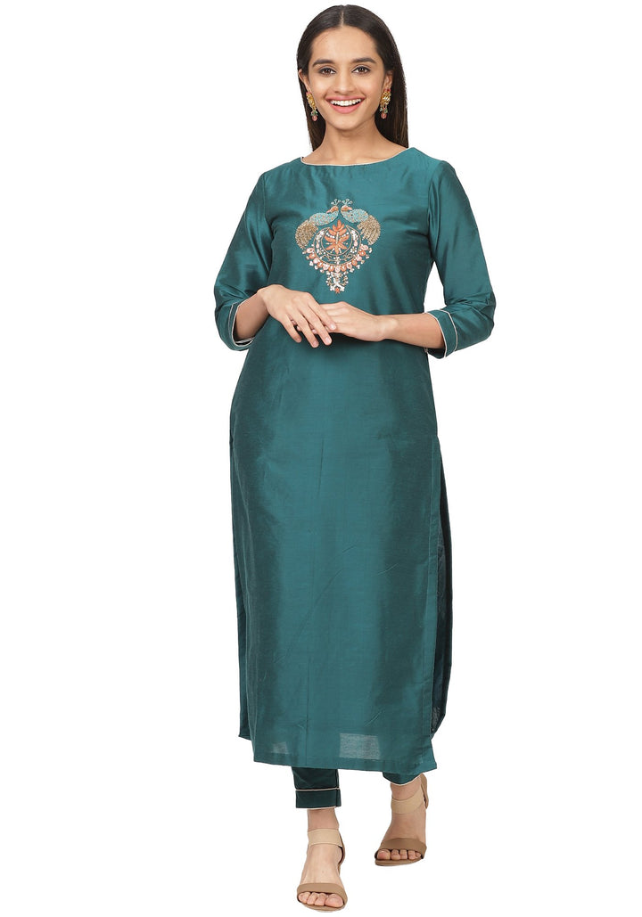 anokherang Combos Teal Green Peacock Embroidered Straight Kurti with Straight Pants