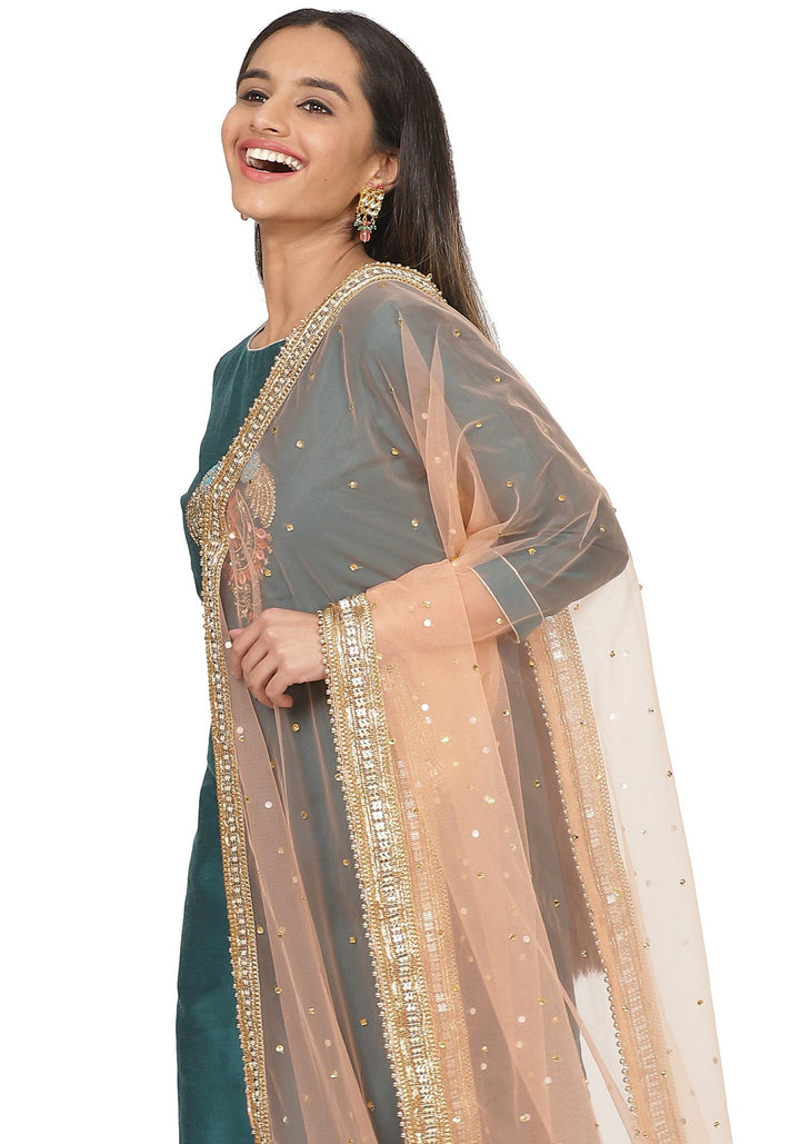 anokherang Combos Teal Green Peacock Embroidered Straight Kurti with Straight Pants and Peach Stone Dupatta