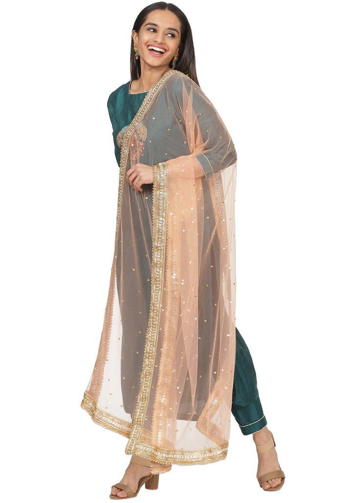 anokherang Combos Teal Green Peacock Embroidered Straight Kurti with Straight Pants and Peach Stone Dupatta