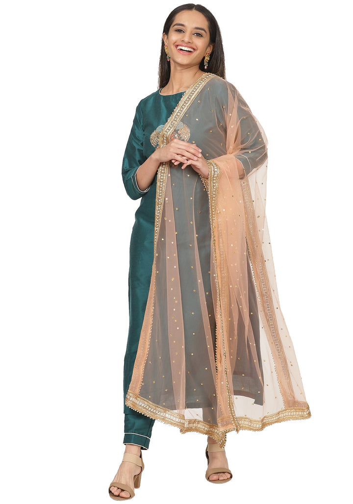 anokherang Combos Teal Green Peacock Embroidered Straight Kurti with Straight Pants and Peach Stone Dupatta