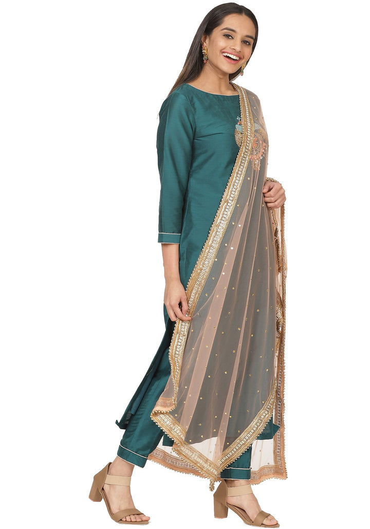 anokherang Combos Teal Green Peacock Embroidered Straight Kurti with Straight Pants and Peach Stone Dupatta