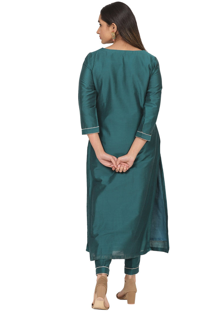 anokherang Combos Teal Green Peacock Embroidered Straight Kurti with Straight Pants and Peach Stone Dupatta
