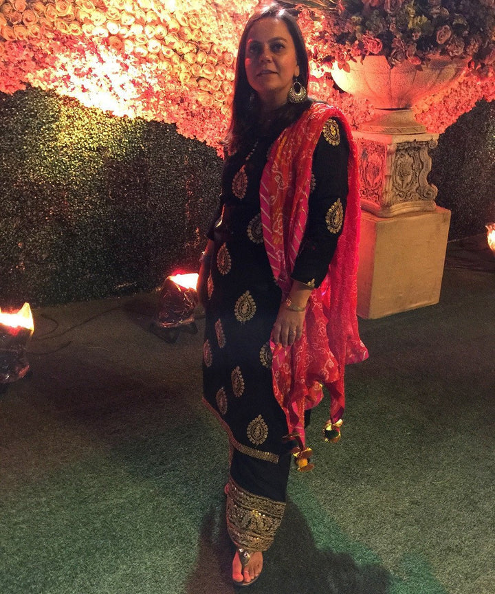 anokherang Combos The Black Gold Kurti with Palazzo and Bandhini Dupatta