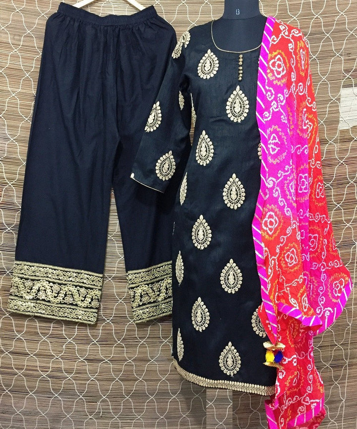 anokherang Combos The Black Gold Kurti with Palazzo and Bandhini Dupatta