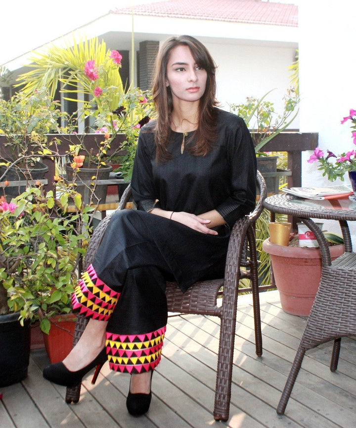 anokherang Combos The Black Russian Short Silk Kurti with Silk Palazzo