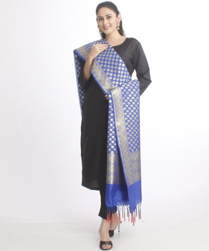 anokherang Combos The Black Silk Kurti with Black Pants and Blue Banarsi Dupatta