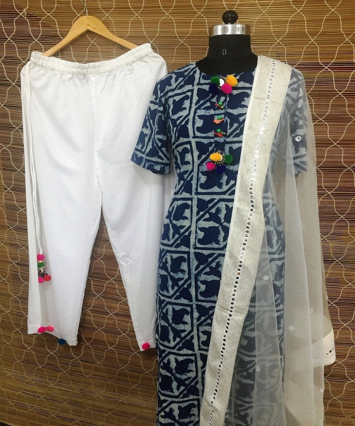 anokherang Combos The Blues Indigo Cotton Kurti with Palazzo and Organza Dupatta