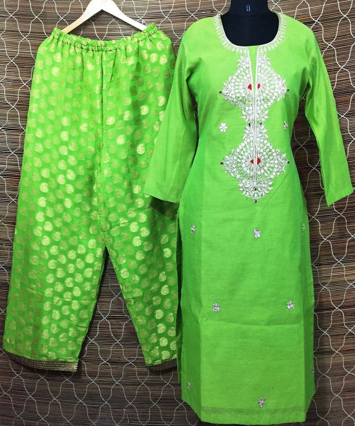 anokherang Combos The Green Love Chanderi Kurti with Straight Palazzo