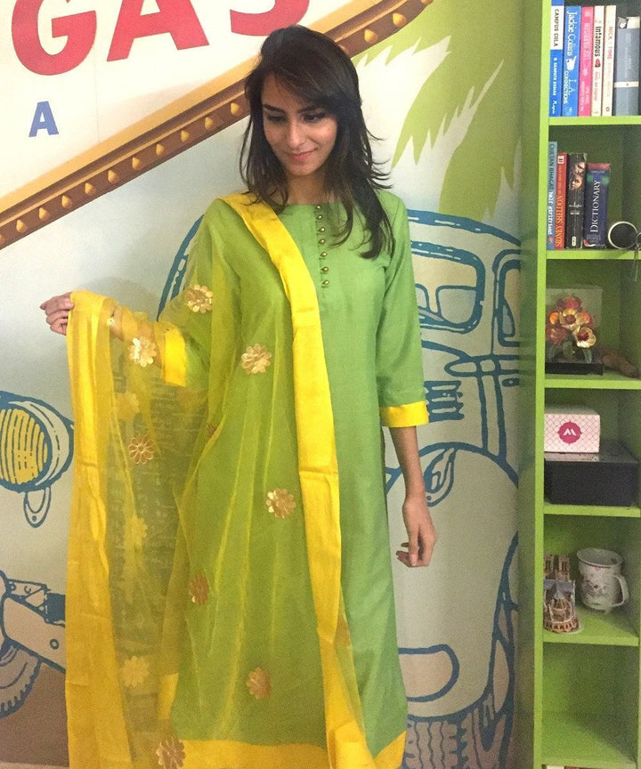 anokherang Combos The Lemony Layered Kurti with Pants & Organza Dupatta