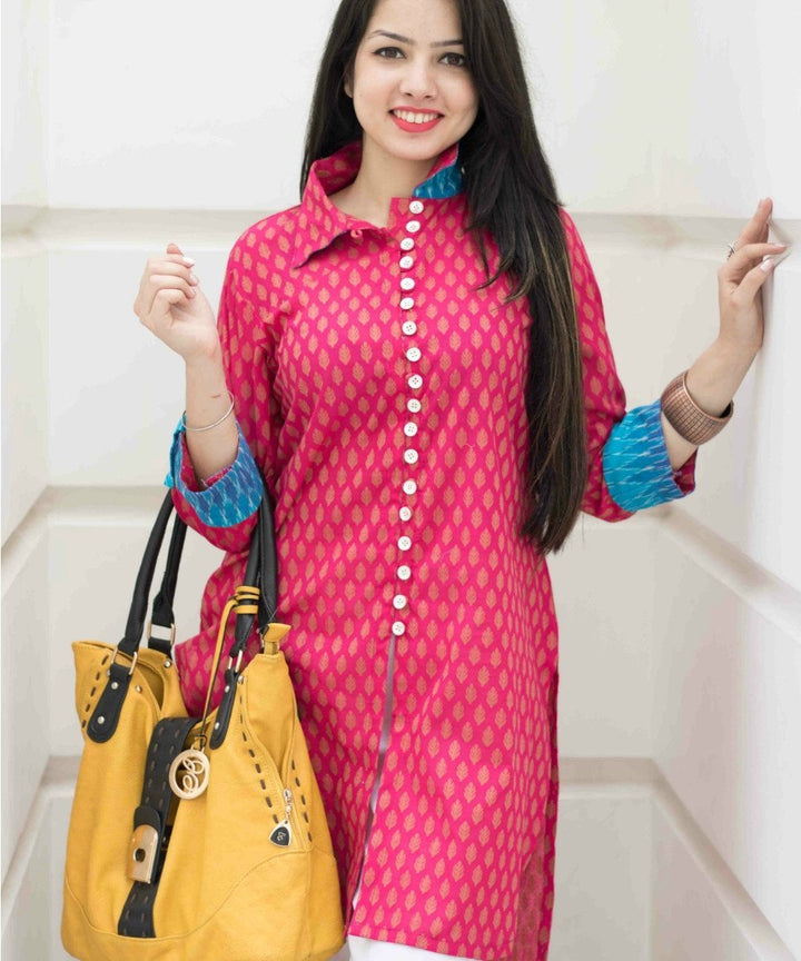 anokherang Combos The Pink Ikkat Kurti with White Pants