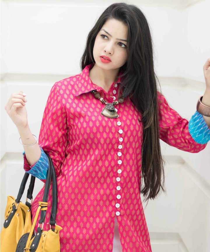 anokherang Combos The Pink Ikkat Kurti with White Pants