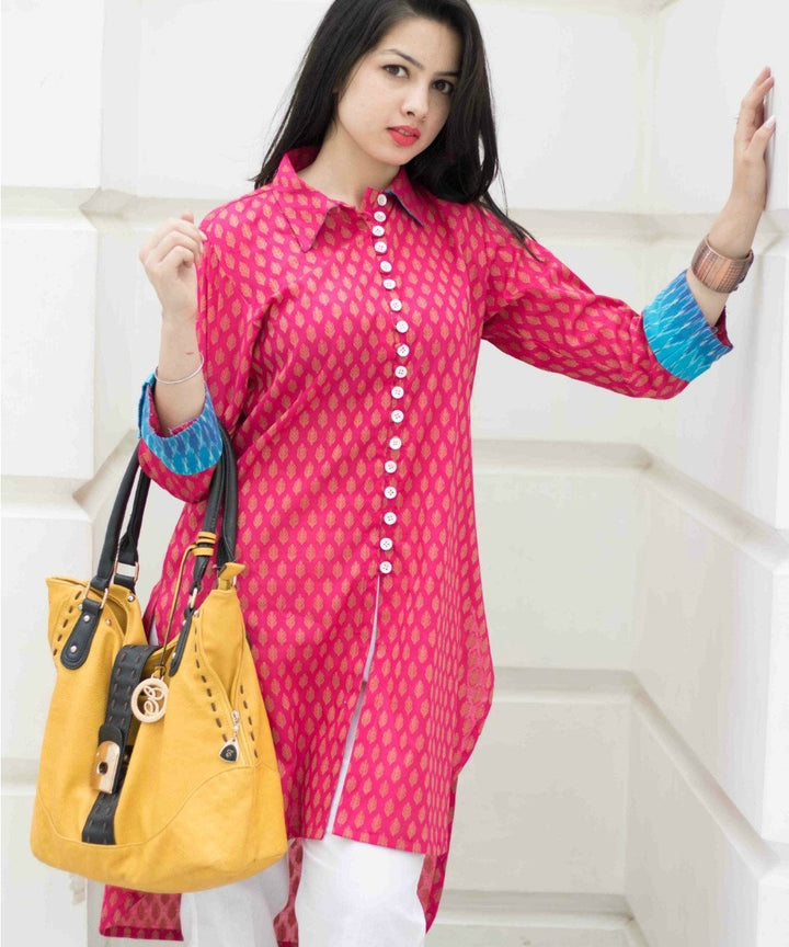 anokherang Combos The Pink Ikkat Kurti with White Pants