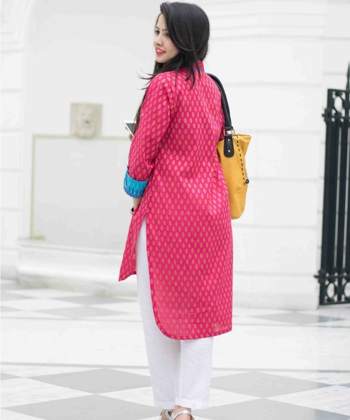 anokherang Combos The Pink Ikkat Kurti with White Pants