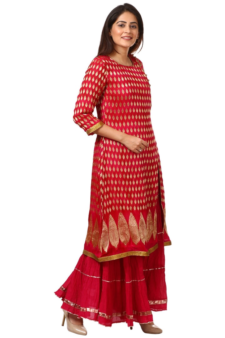 anokherang Combos The Pink Red Paisley Long Kurti with Crushed Sharara