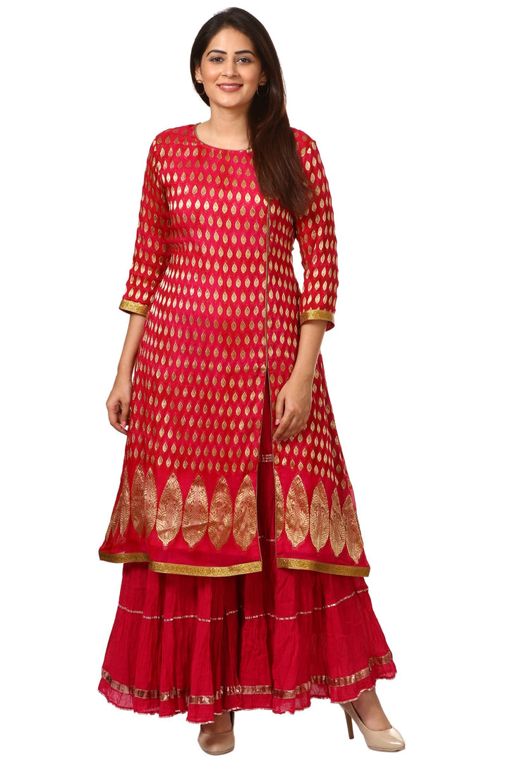 anokherang Combos The Pink Red Paisley Long Kurti with Crushed Sharara