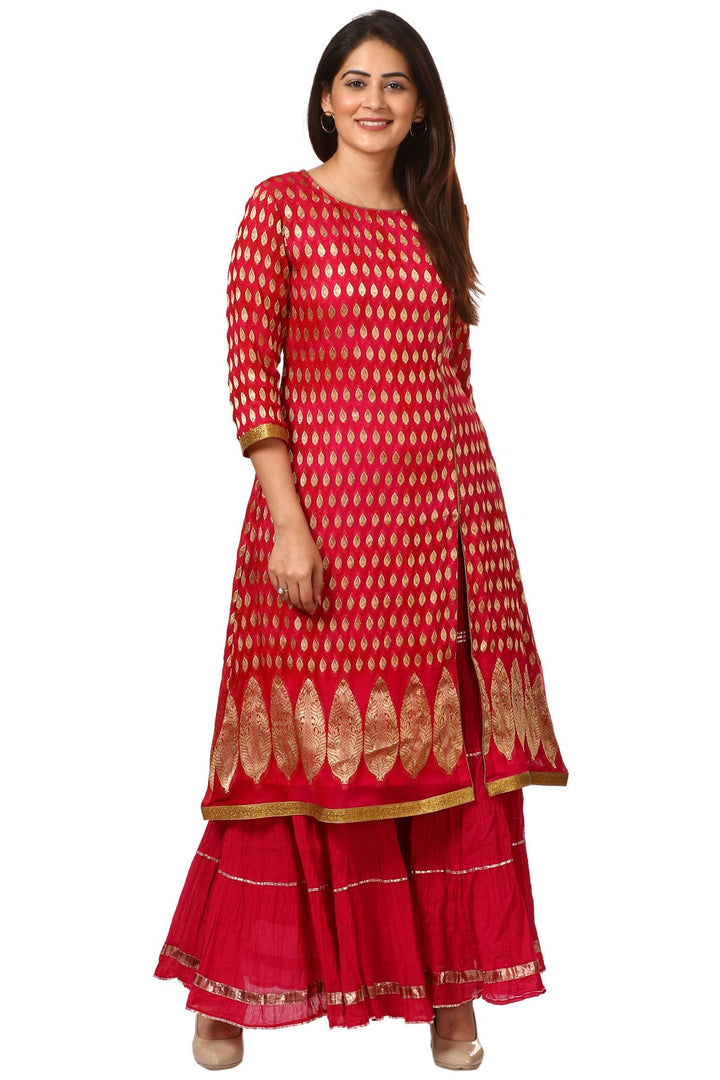 anokherang Combos The Pink Red Paisley Long Kurti with Crushed Sharara