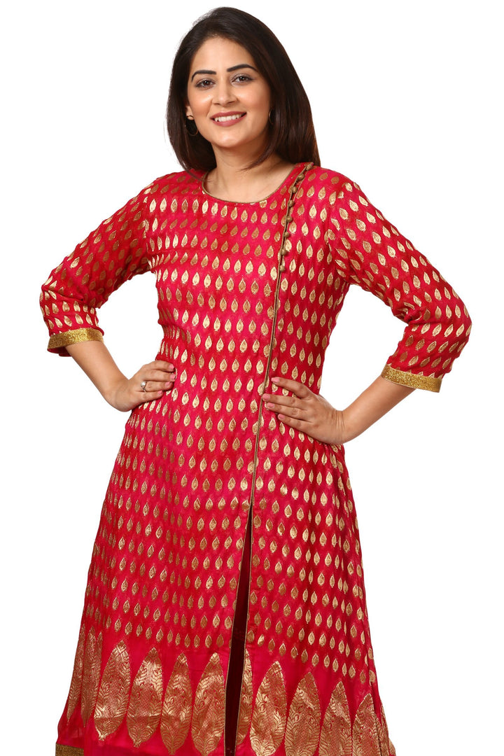 anokherang Combos The Pink Red Paisley Long Kurti with Crushed Sharara