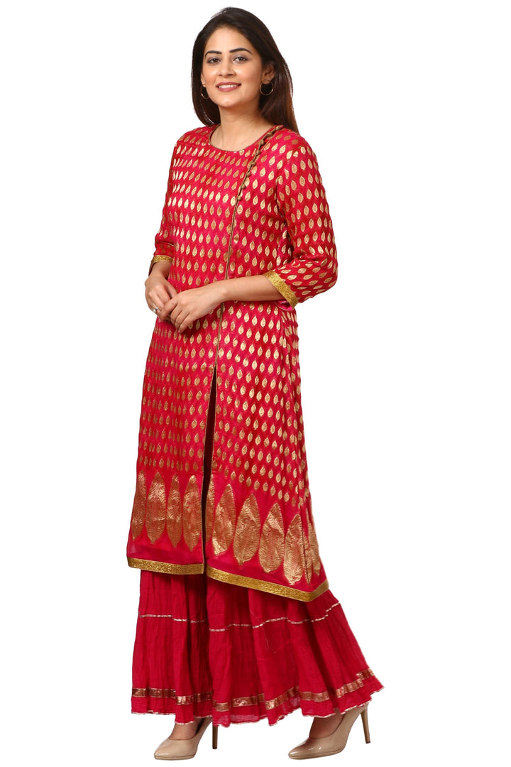 anokherang Combos The Pink Red Paisley Long Kurti with Crushed Sharara