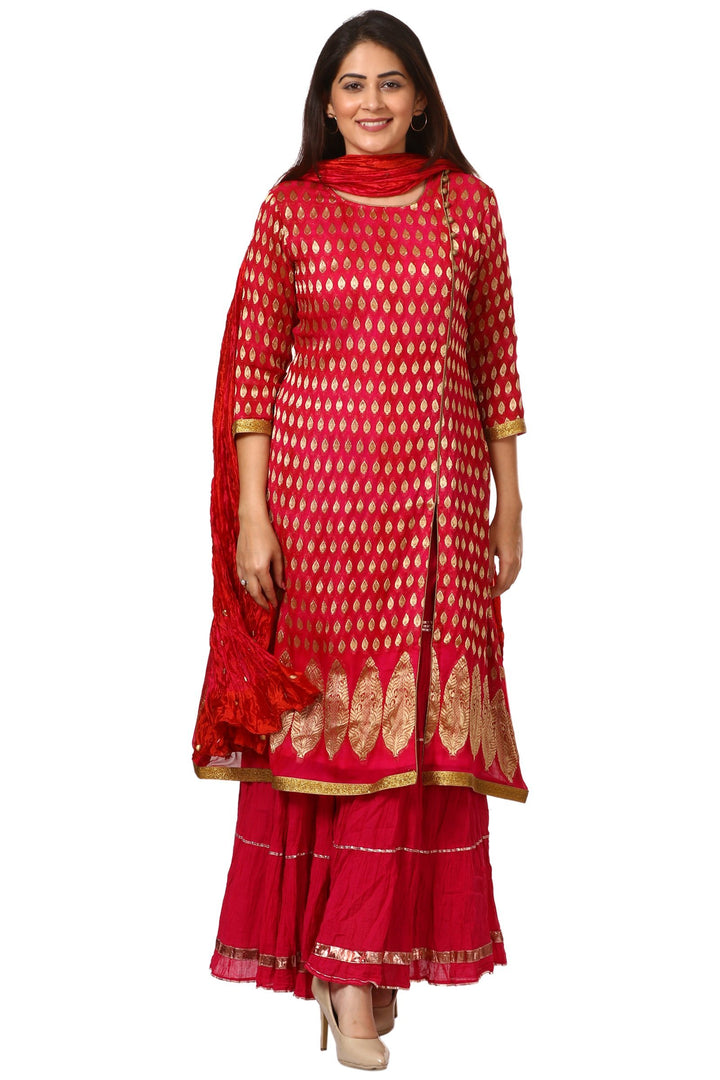 anokherang Combos The Pink Red Paisley Long Kurti with Crushed Sharara and Crushed Silk Dupatta
